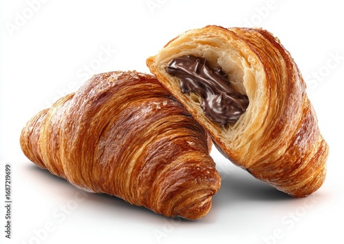 Two chocolate-filled croissants, golden-brown, layered, and flaky, sit stacked against a white background.  A rich chocolate filling is visible within the halves