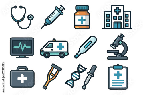 Medical equipment icons: stethoscope, syringe, medicine, hospital, ambulance, microscope, dna