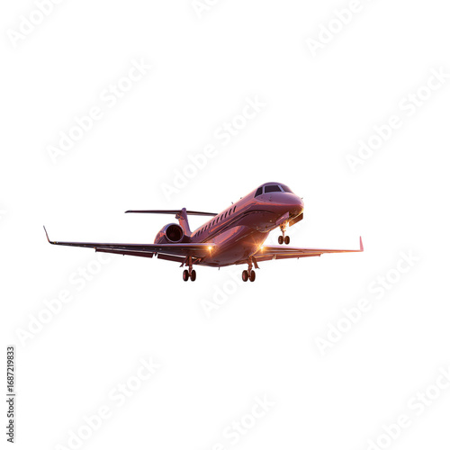 Sleek private jet descends gracefully catching warm golden hour light, symbolizing luxury travel and executive mobility