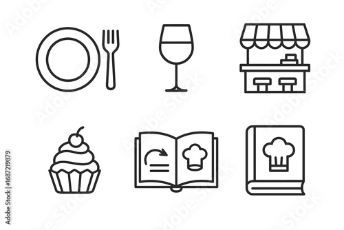 Culinary symbols: plate, glass, market stand, cupcake, cookbook icons set