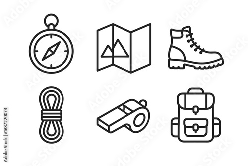 Essential hiking gear: compass, map, boot, rope, whistle, backpack icons