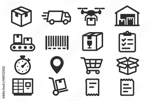 Logistics and delivery icons set including packages, trucks, drones, warehouse, and more
