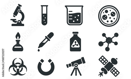 Science icons collection: microscope, test tube, molecule models, telescope, satellite