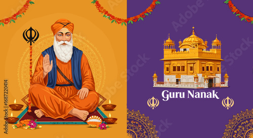 Guru Nanak sitting with traditional symbols on colorful background  