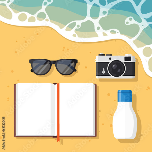 Flat lay illustration of summer vacation essentials sunglasses camera open notebook and sunscreen bottle.