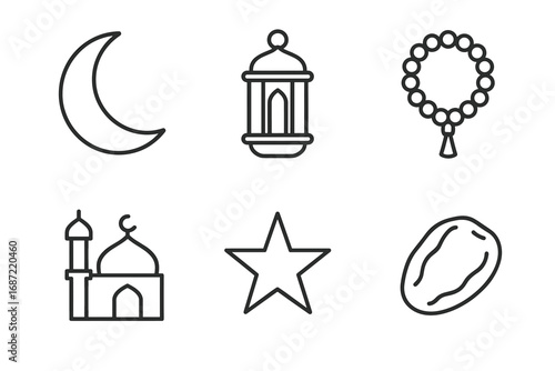 Simple islamic icons: crescent, lantern, prayer beads, mosque, star, date