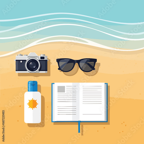 Flat lay illustration of summer beach essentials camera sunglasses sunscreen and an open book on the sand.
