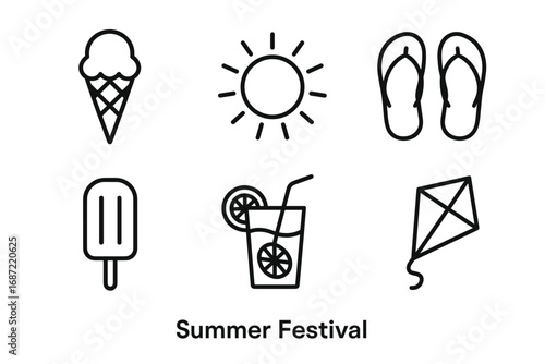 Summer festival icons: ice cream, sun, flip flops, popsicle, drink, kite