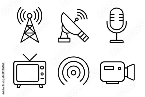 Communication icons: antenna, satellite, microphone, tv, signal, camera