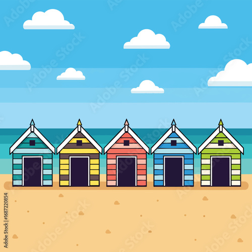 Row of five colorful striped wooden beach huts with pointed roofs.