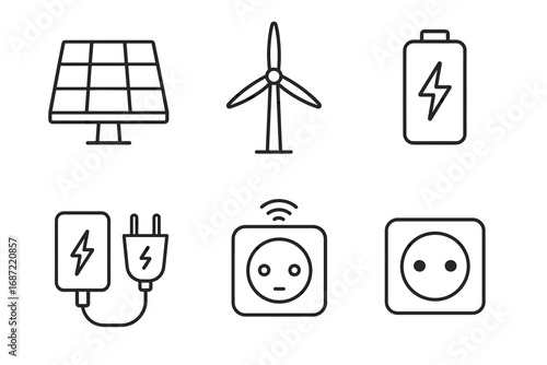 Solar panel, wind turbine, battery, charging cable and electrical outlet icons