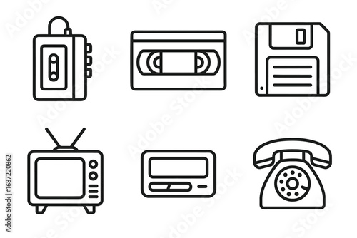 Retro technology icons: cassette, vhs, floppy disk, tv, pager, telephone