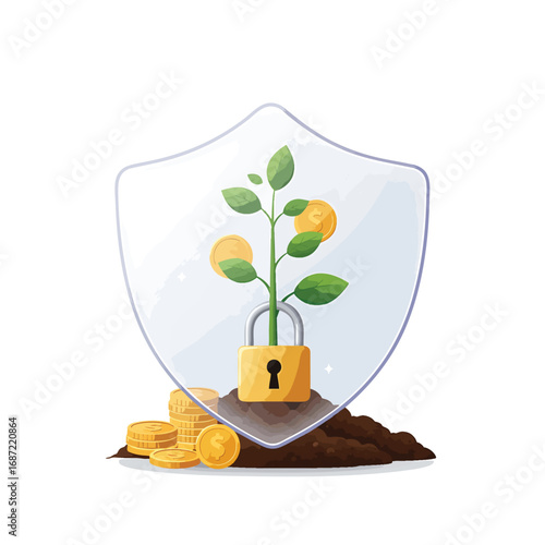 Secure financial growth concept with a money tree plant protected by a padlock and transparent shield.