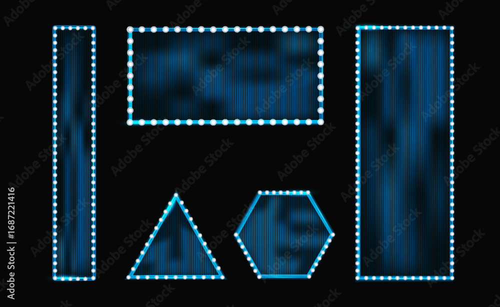 Obraz premium Various geometric shapes including a triangle, rectangle, and hexagon are illuminated by blue lights against a dark background, creating an eye-catching visual display.