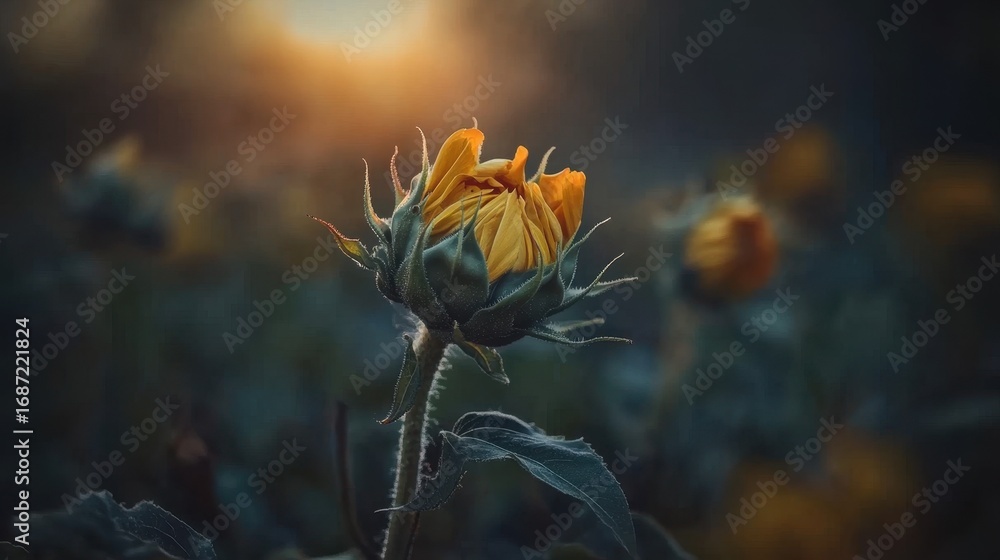 Obraz premium Close-up of a vibrant sunflower bud bathed in warm golden hour sunlight, showcasing intricate details and soft bokeh background