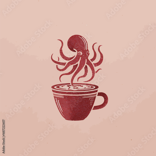 A playful illustration shows an octopus emerging from a coffee cup, blending marine life with cafe culture. The artwork uses bold colors and unique shapes to capture attention.