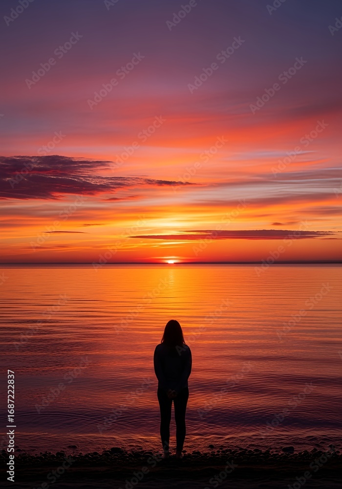 Fototapeta premium Serene Cinematic Sunset over Calm Water with Person Standing on Shore Symbolizing Reflection and Peace