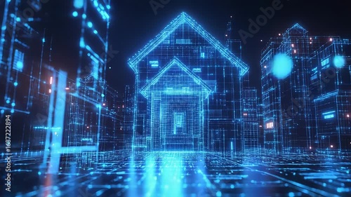 Futuristic smart city with glowing buildings and houses