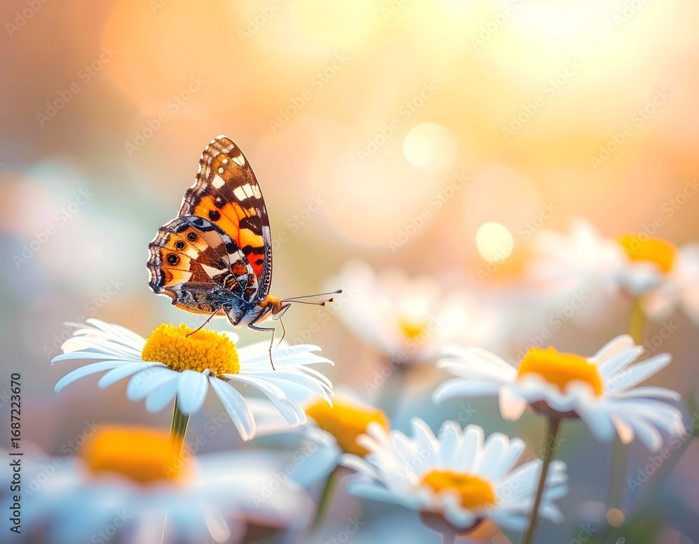 Fototapeta premium Colorful Butterfly on White Daisy Flower in Soft Sunset Light