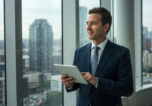 Smiling businessman using tablet while looking out of the window