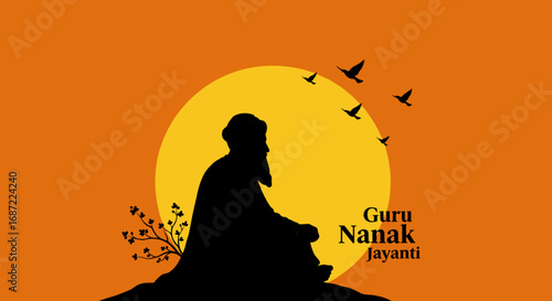 Silhouette of Guru Nanak with sunset and birds celebrating Jayanti  
