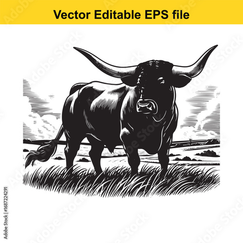 Powerful black bull with long horns standing in a field, vector art