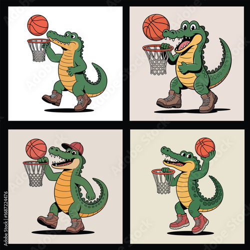 Green alligator playing basketball with orange ball and net