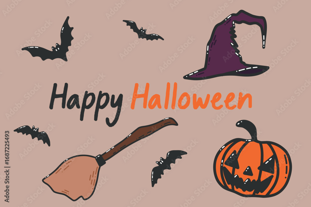 Obraz premium Happy Halloween Greeting Card with Witch Hat Pumpkin and Bats. A festive Halloween illustration featuring a witch hat, carved pumpkin, broomstick, and flying bats. Perfect for holiday celebrations