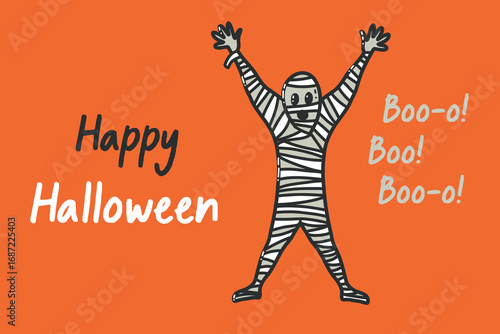 Happy Halloween Greeting with Fun Cartoon Mummy Character Artwork. Cheerful Halloween illustration featuring a mummy character on an orange background with text greetings. Perfect for holiday decor