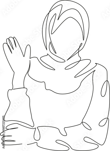 One continuous single drawing line art flat doodle child, learning, education, classroom, student, school, cognition, schoolgirl, islam, muslim. Isolated image hand draw contour on a white background,