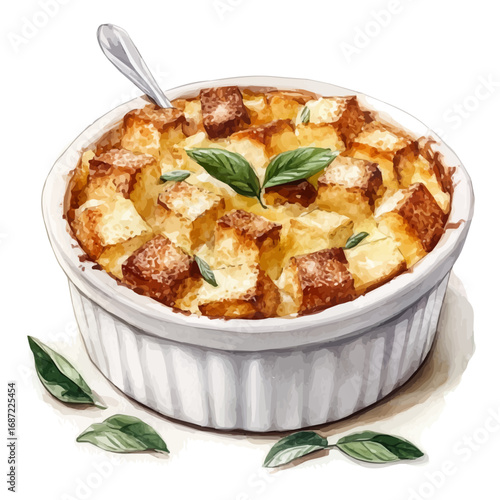 watercolor of Bread Pudding, vector, isolated on a white background.