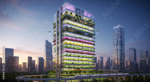 A futuristic skyscraper serves as a vertical farm, integrating sustainable agriculture into a modern, bustling city skyline at dusk.