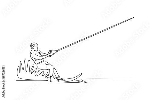 Single one line drawing young male athlete wakeboarding on the water, being towed by boat. Athletic skill, balance, thrilling motion of sport. Continuous line draw design graphic vector illustration