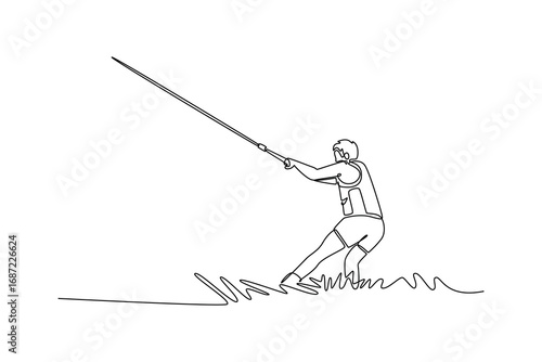 Continuous one line drawing man wakeboarding on the water, being towed by a boat. Athletic skill, balance, and the thrilling motion of the sports. Single line draw design vector graphic illustration