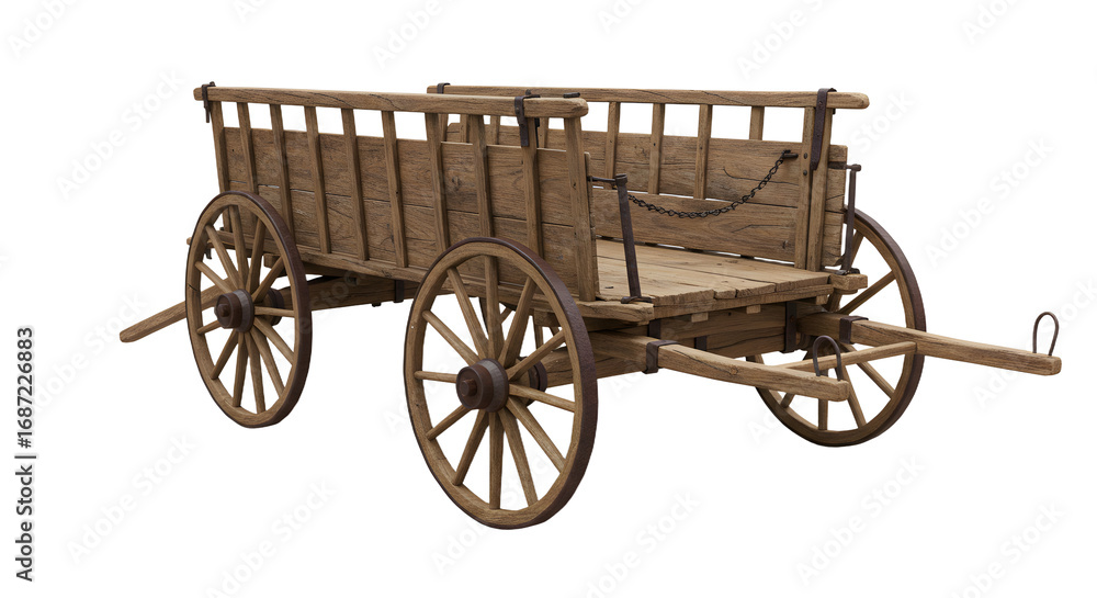 Fototapeta premium FARMING - Vintage wooden wagon with four spoke wheels and railing, isolated on white background, rustic farm cart perfect for historical or agriculture themes