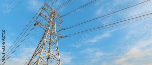 The towering electricity structure against a clear blue sky with power lines.