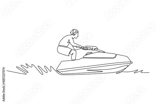 Continuous one line drawing side view of professional sportsman riding a jet ski, symbolizing speed, freedom, and the thrill of extreme water sport. Single line draw design vector graphic illustration
