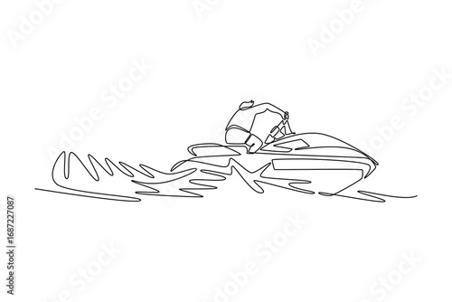 Continuous one line drawing young active man riding into a turn on a jet ski. Representing excitement, leisure, and adventure of aquatic lifestyle. Single line draw design vector graphic illustration