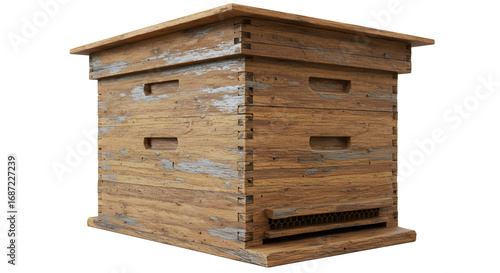 FARMING - Wooden beehive box isolated on white background, natural bee colony habitat for honey production
