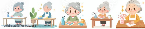 vector of a grandmother wiping a dirty table