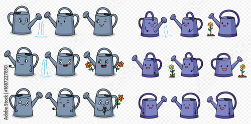 Collection of cute cartoon watering cans in grey and purple, displaying various emotions and actions like watering plants or holding flowers.