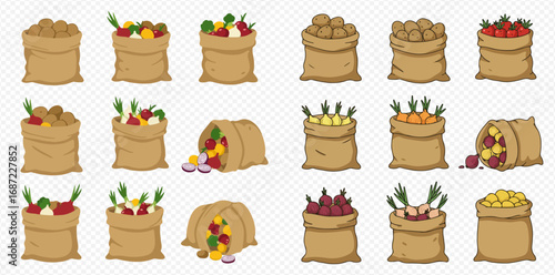 Collection of cartoon burlap sacks filled with fresh vegetables and fruits, some spilling out.