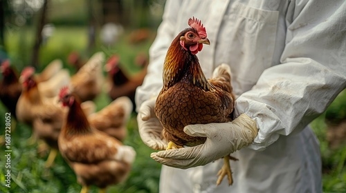 Veterinarian in protective suit holding a chicken for health inspection on a poultry farm.