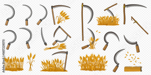 Various illustrations of traditional sickles and scythes used for harvesting golden wheat and grain crops.