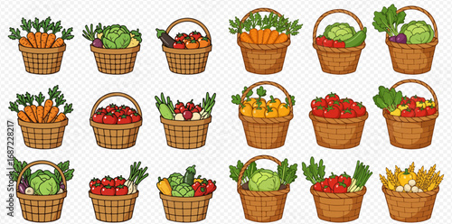 A vibrant illustration showcasing a wide variety of fresh, ripe fruits and vegetables overflowing from numerous rustic wicker baskets.