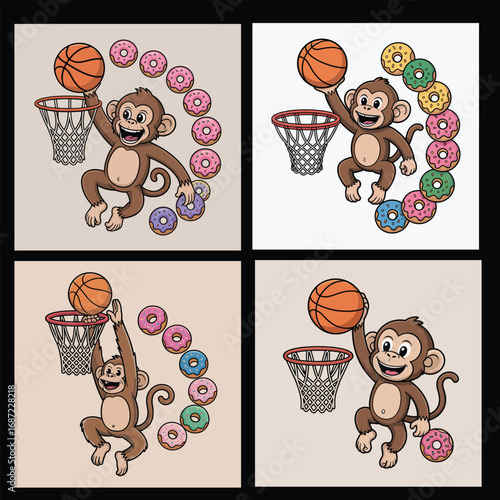 Monkey playing basketball with donuts dunking
