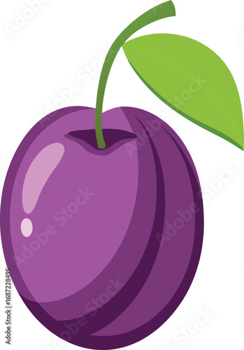 Isolated purple plum with green stem and leaf a simple vector illustration