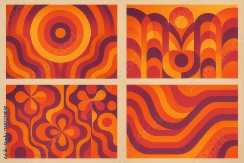 Retro psychedelic poster collection featuring vibrant 70s gradient patterns and groovy geometric shapes