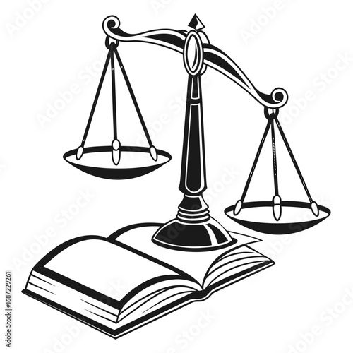 Black and white illustration of antique scales of justice resting on an open book representing law and knowledge