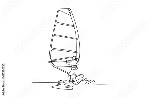 Single continuous line drawing back view of male athlete windsurfing on a wave. Athletic skill, freedom, and the energetic power of the wind and ocean. One line draw graphic design vector illustration